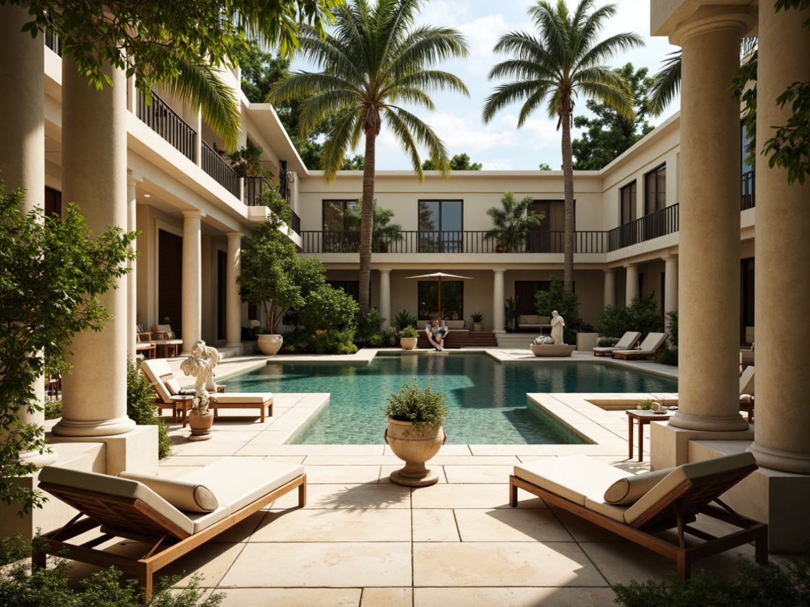 Prompt: Timeless pool deck, warm beige stone flooring, elegant columns, ornate railings, luxurious lounge chairs, vibrant greenery, lush tropical plants, decorative urns, classic sculptures, serene water features, gentle fountain sounds, soft warm lighting, shallow depth of field, 1/1 composition, realistic textures, ambient occlusion.