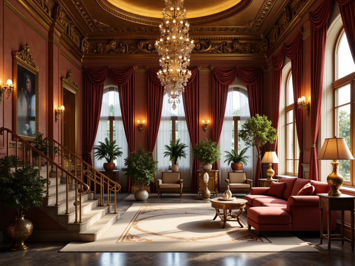 Prompt: Luxurious interior setting, ornate moldings, intricate carvings, golden accents, lavish furnishings, velvet drapes, marble floors, crystal chandeliers, grand staircase, regal atmosphere, soft warm lighting, shallow depth of field, 1/1 composition, detailed textures, ambient occlusion.