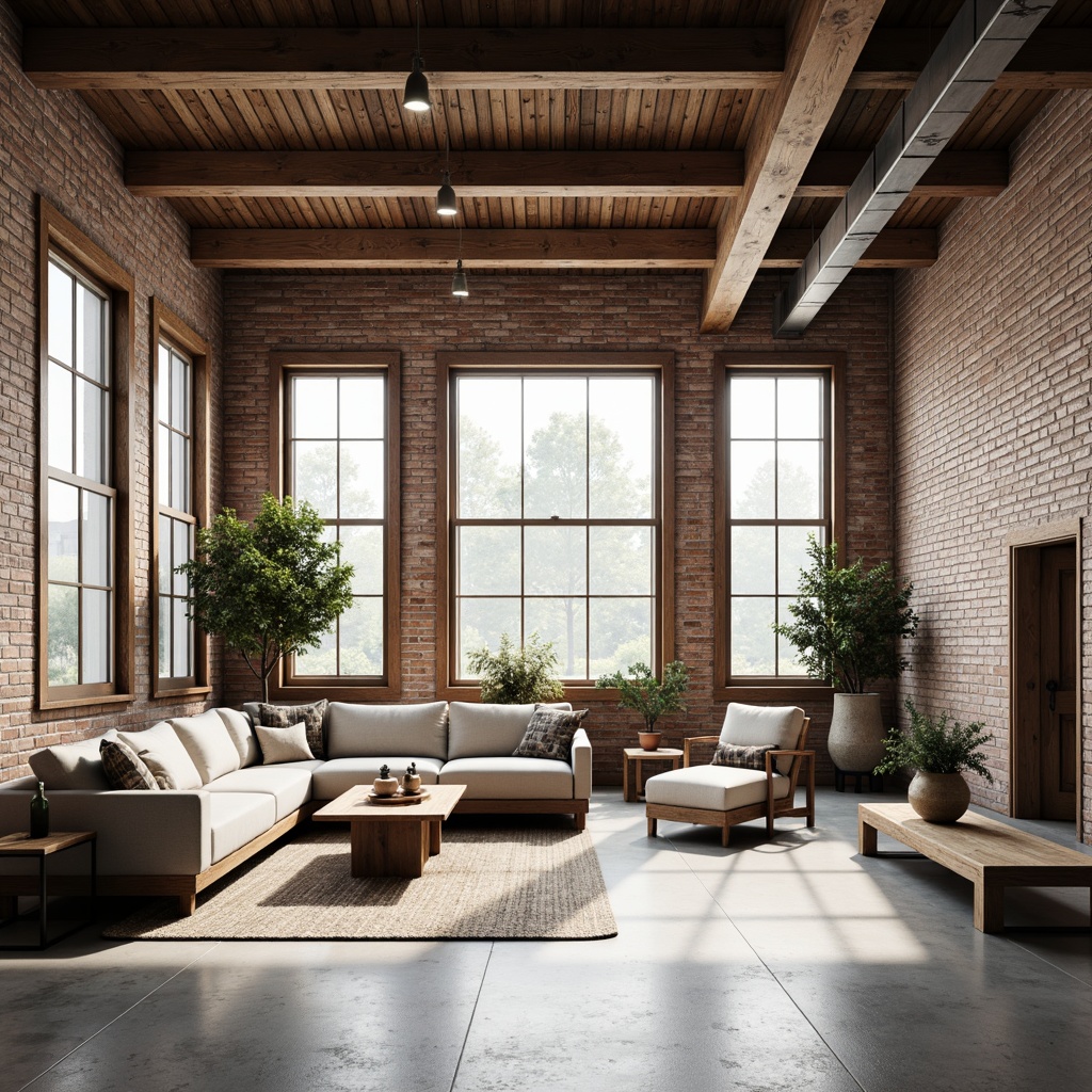 Prompt: Industrial chic warehouse, Scandinavian minimalism, exposed brick walls, polished concrete floors, reclaimed wood accents, modern metal beams, floor-to-ceiling windows, natural light pouring in, airy open space, Nordic-inspired furniture, cozy textiles, warm ambiance, soft diffused lighting, 1/1 composition, symmetrical framing, realistic renderings, subtle atmospheric effects.