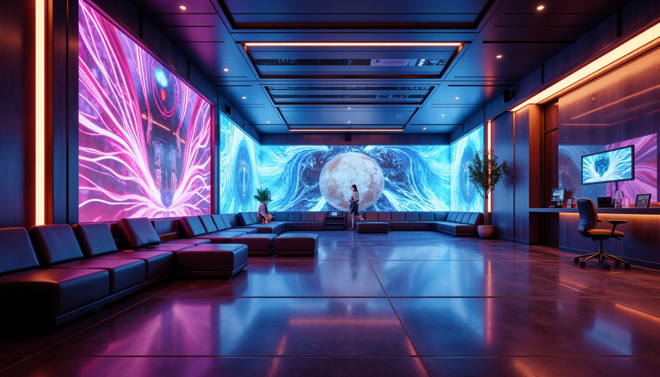 Prompt: Futuristic interior, neon-lit ambiance, holographic projections, LED strips, fiber-optic installations, glowing accents, iridescent hues, sleek metallic surfaces, minimalist decor, ambient Occlusion, softbox lighting, 1/1 composition, shallow depth of field, panoramic view, realistic reflections, cyberpunk influences, virtual reality interfaces, augmented reality displays, futuristic furniture designs, high-tech gadgetry, sci-fi inspired textures.