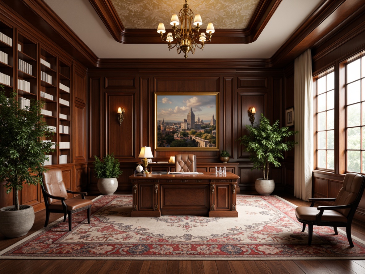 Prompt: Elegant home office, rich wood furniture, ornate carvings, luxurious fabrics, golden lighting fixtures, refined metallic accents, sophisticated color palette, lavish rug, stately bookshelves, intricate moldings, statement artwork, plush leather chairs, ergonomic desk, modern technology integration, floor-to-ceiling windows, natural light, subtle sheen, 1/1 composition, shallow depth of field, realistic textures.