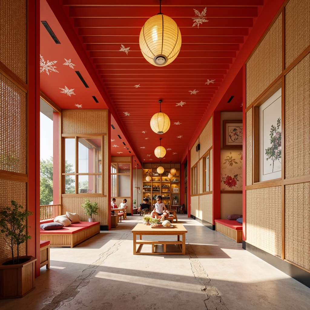 Prompt: Vibrant kindergarten, playful Asian-inspired architecture, bold red accents, natural wood textures, colorful lanterns, woven bamboo walls, traditional Chinese motifs, intricate wooden carvings, soft warm lighting, shallow depth of field, 1/2 composition, warm beige walls, smooth concrete floors, cozy reading nooks, whimsical wallpaper patterns, delicate cherry blossom designs, Asian-style furniture, minimal ornaments, gentle color palette, creamy white trim, subtle sheen finishes.