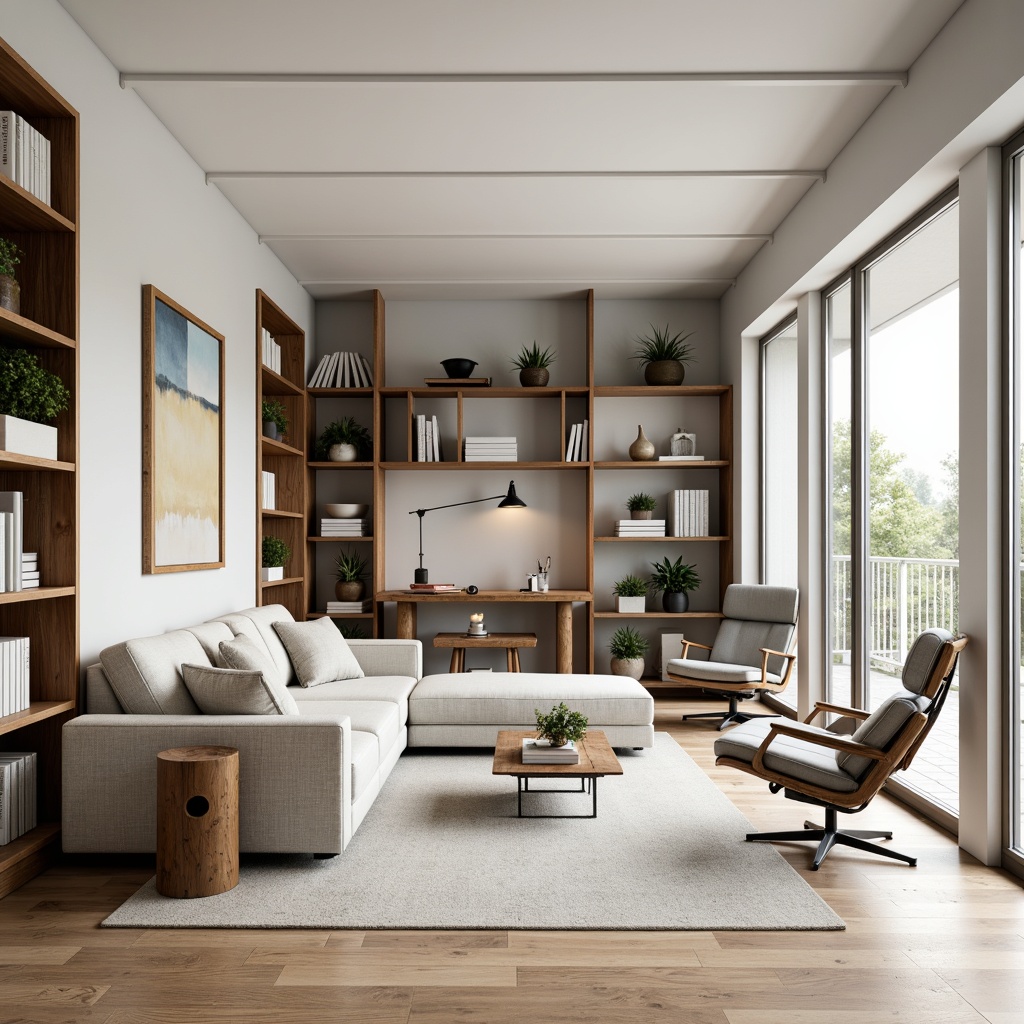 Prompt: Modern minimalist living room, sleek low-profile sofa, ergonomic chairs, adjustable desks, built-in shelving units, modular storage systems, metallic legs, reclaimed wood accents, industrial chic decor, task-oriented lighting, cozy reading nooks, floor-to-ceiling windows, natural fabrics, soft pastel colors, Scandinavian-inspired aesthetic, functional simplicity, 3/4 composition, shallow depth of field, realistic textures.