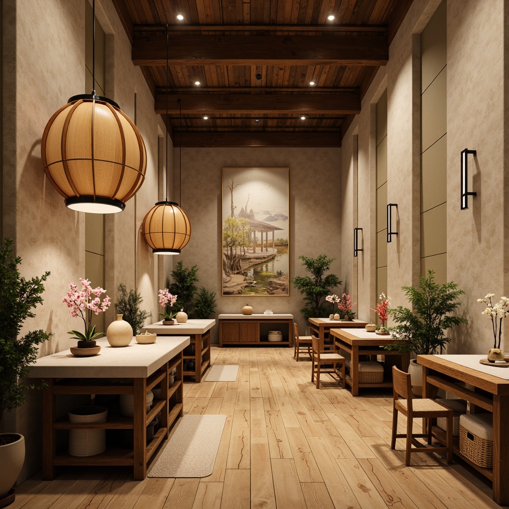 Prompt: Traditional Asian-inspired distribution center, warm beige walls, polished wooden floors, natural stone countertops, subtle textile patterns, ornate lanterns, minimalist decor, sleek metal accents, ambient soft lighting, shallow depth of field, 3/4 composition, realistic textures, ambient occlusion, rustic wood crates, woven bamboo baskets, earthy tone ceramics, hand-painted murals, gentle water features, serene greenery, vibrant orchids, delicate cherry blossoms.