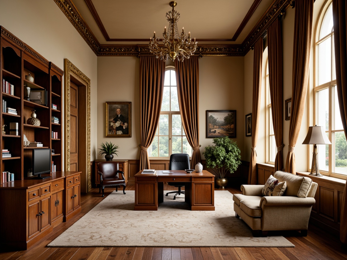 Prompt: Elegant home office, rich wood furniture, ornate carvings, intricate moldings, luxurious fabrics, velvet drapes, golden lighting fixtures, antique decor, vintage accessories, leather-bound books, classic artwork, sophisticated color palette, warm beige walls, polished wooden floors, comfortable ergonomic chair, spacious workstation, abundant natural light, soft focus photography, 1/2 composition, atmospheric rendering.