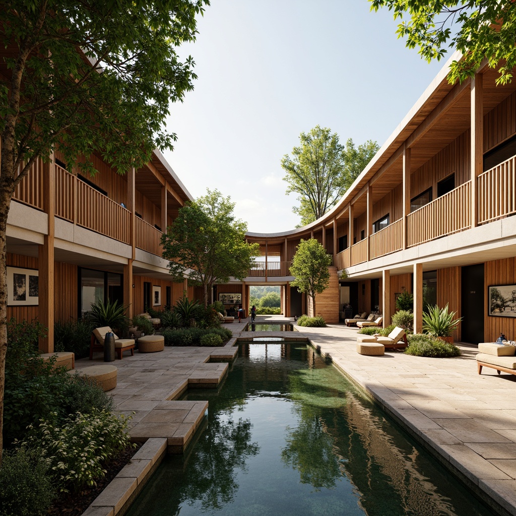 Prompt: Natural light-filled atrium, wooden accents, minimalist decor, lush greenery, serene water features, traditional Asian-inspired architecture, curved rooflines, natural stone flooring, bamboo textures, reclaimed wood walls, modern industrial equipment, vibrant cultural decorations, warm color palette, soft diffused lighting, shallow depth of field, 3/4 composition, panoramic view, realistic textures, ambient occlusion.