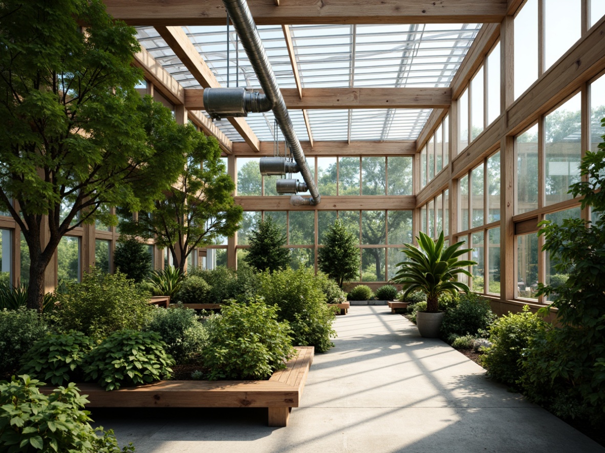 Prompt: Sleek modern greenhouse, minimalistic architecture, transparent glass walls, lush greenery, thriving plants, natural light, soft shadows, wooden accents, industrial pipes, concrete floors, rustic wooden benches, hanging planters, geometric patterns, ambient lighting, shallow depth of field, 1/1 composition, panoramic view, realistic textures, subtle color palette, serene atmosphere, peaceful ambiance.