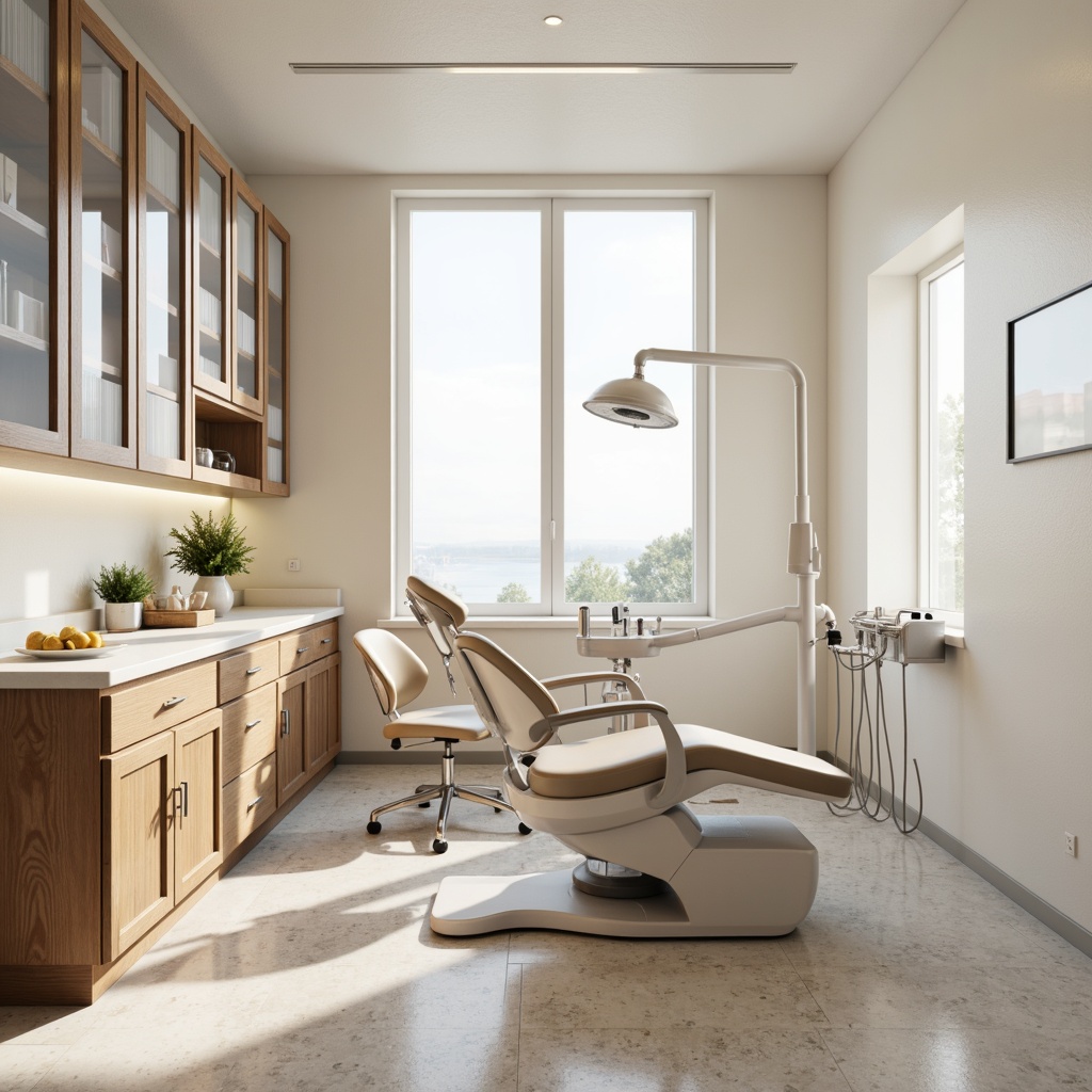 Prompt: Creamy white walls, soft gray accents, warm beige tones, subtle texture contrasts, elegant dental chairs, modern medical equipment, sleek metal fixtures, minimalist decor, calming ambiance, natural stone flooring, polished wooden cabinets, frosted glass partitions, soft overhead lighting, 1/1 composition, realistic reflections, ambient occlusion.