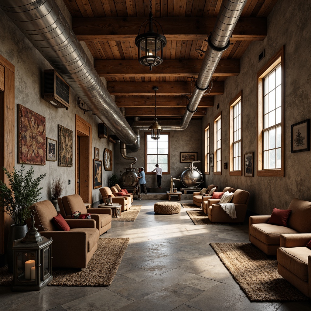 Prompt: Rustic factory interior, distressed wood accents, vintage industrial equipment, earthy color palette, natural stone flooring, wooden beams, metal lanterns, woven textiles, plush area rugs, reclaimed wood furniture, ornate metalwork, curved lines, warm soft lighting, shallow depth of field, 1/2 composition, realistic textures, ambient occlusion.