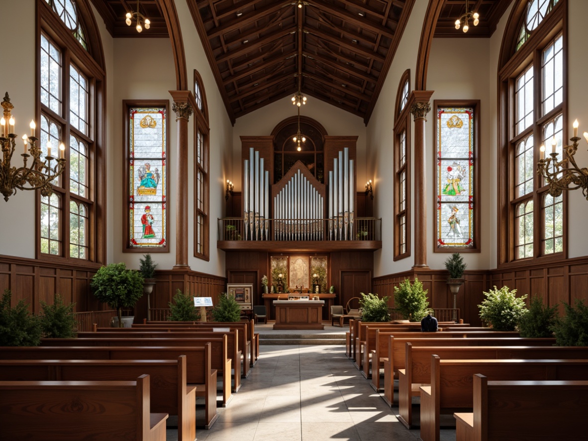 Prompt: Elegant church interior, vintage wooden pews, ornate stained glass windows, grand pipe organ, modern minimalist altar, sleek metal chairs, plush velvet cushions, rich wood tones, sophisticated chandeliers, neutral color palette, natural stone flooring, subtle texture contrast, soft warm lighting, shallow depth of field, 1/1 composition, realistic textures, ambient occlusion.