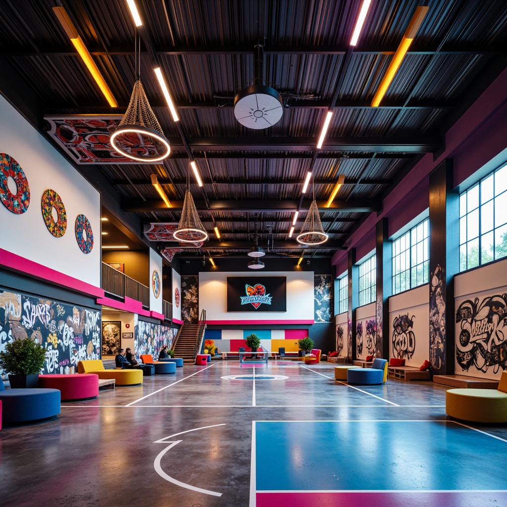 Prompt: Vibrant gymnasium interior, open space layout, postmodernist architecture style, exposed ductwork, industrial metal beams, polished concrete floors, colorful athletic equipment, basketball hoops, volleyball nets, tennis tables, modern LED lighting, neon-colored accents, eclectic furnishings, abstract art pieces, urban graffiti walls, distressed wood textures, metallic columns, asymmetrical shapes, bold color blocking, dynamic camera angles, high-contrast shadows, realistic reflections, cinematic depth of field.