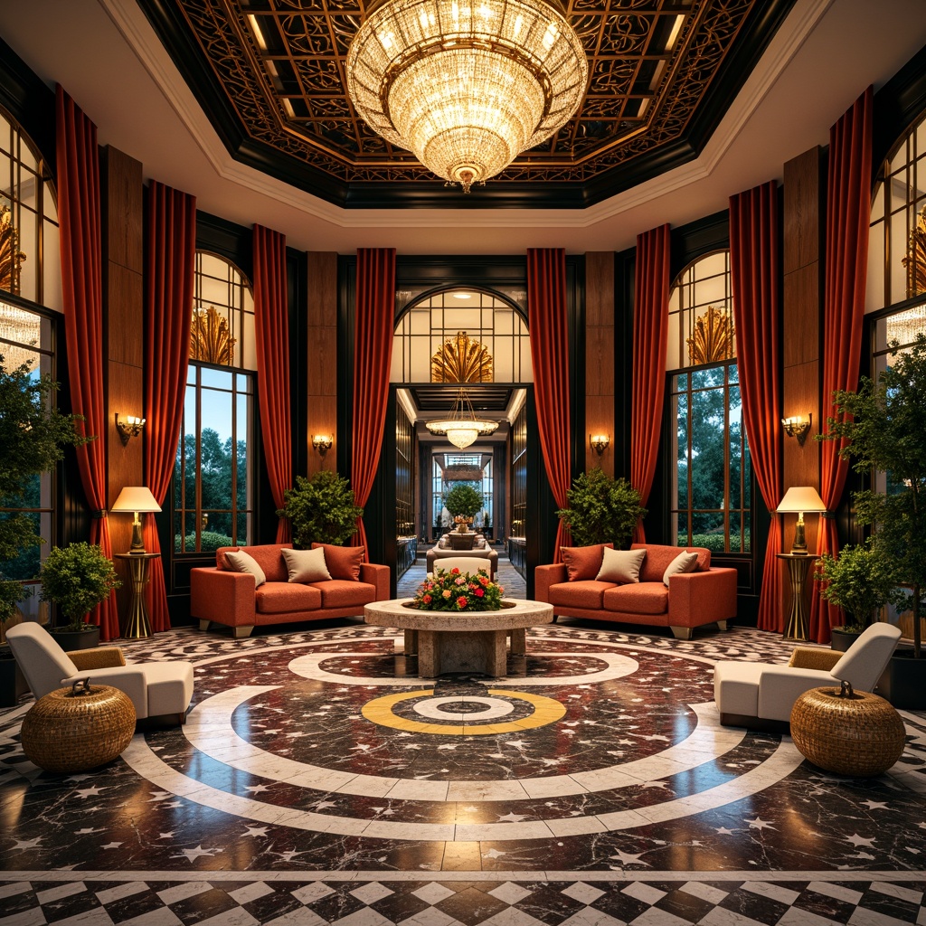 Prompt: Luxurious Art Deco villa, ornate metalwork, geometric patterns, vibrant jewel tones, polished marble floors, intricate mosaics, lavish chandeliers, sunburst motifs, zigzag lines, metallic accents, opulent furnishings, velvet drapes, gilded frames, luxurious textiles, symmetrical compositions, high contrast lighting, dramatic shadows, cinematic angles, 1/1 composition, ornate decorative screens.