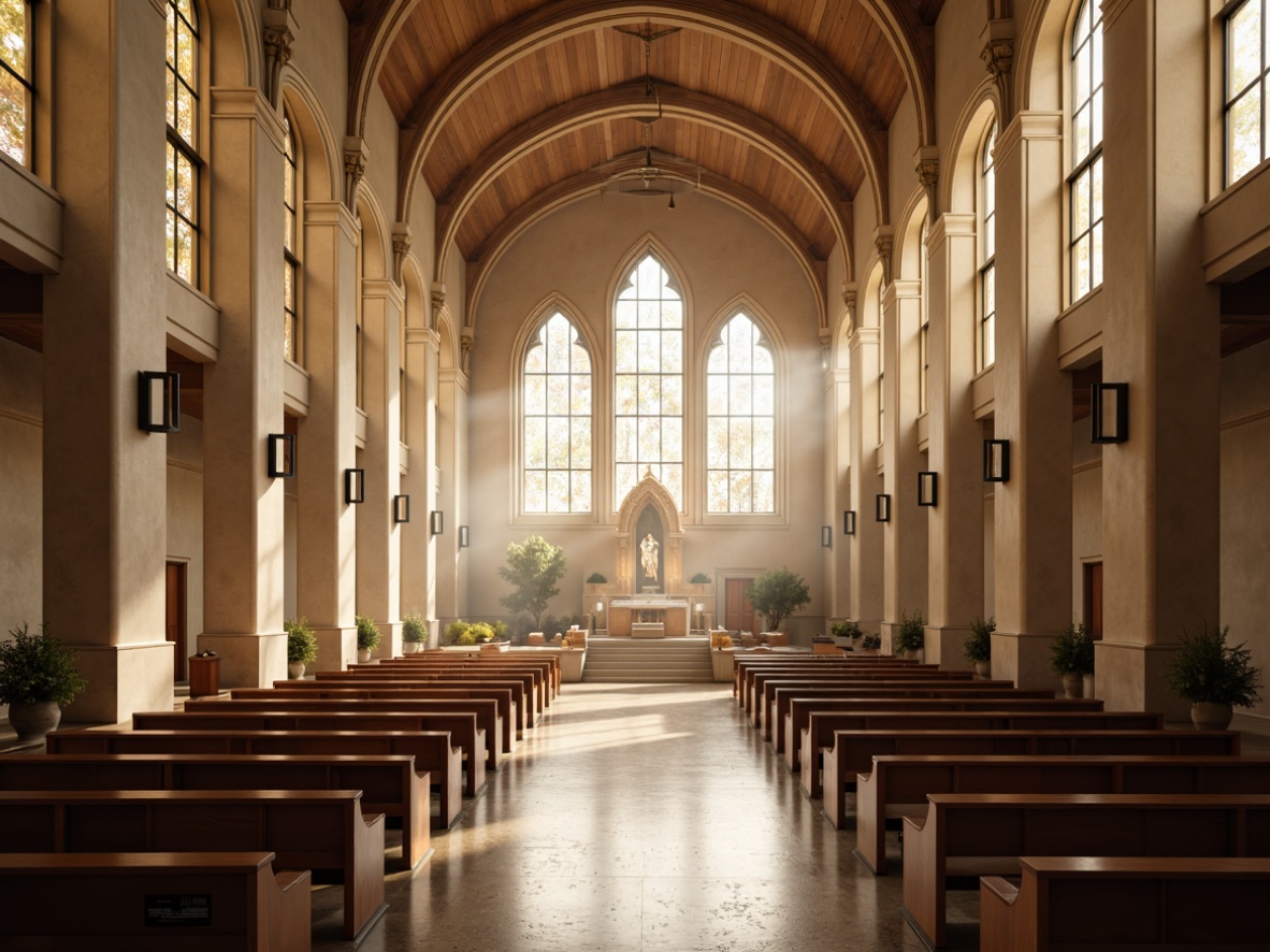 Prompt: Elegant cathedral, sweeping arches, stained glass windows, ornate pews, minimalist altar, modern chandeliers, sleek metal sconces, indirect lighting, warm ambiance, soft glowing accents, subtle color palette, neutral tones, smooth stucco walls, polished marble floors, grand entrance, symmetrical facade, dramatic verticality, atmospheric misting, warm sunny day, shallow depth of field, 2/3 composition, realistic reflections, ambient occlusion.