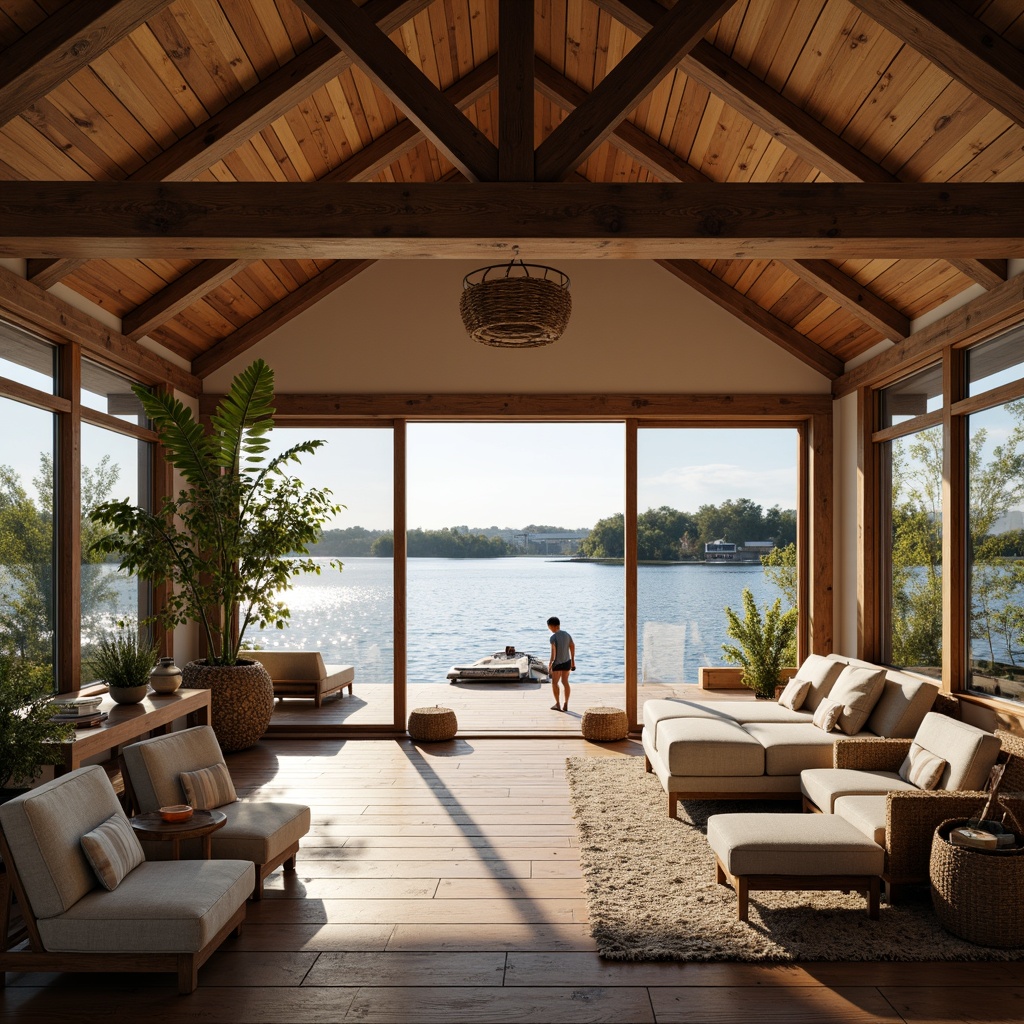 Prompt: Waterfront location, rustic wooden dock, serene lake views, open floor plan, boathouse interior, natural materials, reclaimed wood accents, nautical decor, cozy reading nooks, oversized windows, sliding glass doors, breathtaking water vistas, warm golden lighting, shallow depth of field, 1/1 composition, realistic textures, ambient occlusion, modern minimalist design, functional living spaces, flow-through floor plan, flexible seating areas, built-in shelving units.