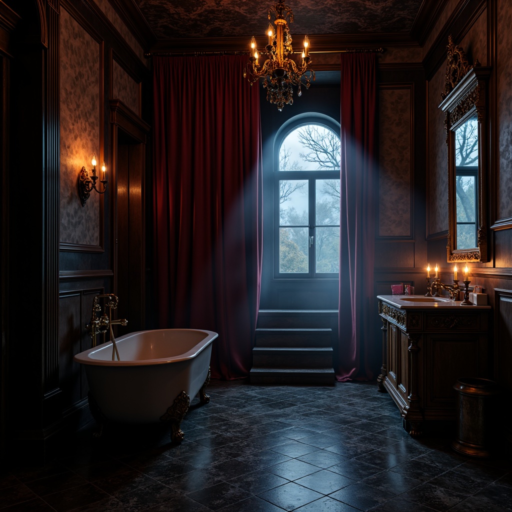 Prompt: Dark mysterious ambiance, Gothic-inspired bathroom, rich velvety black, deep crimson red, midnight blue, warm golden accents, ornate metal fixtures, intricate stone carvings, dimly lit candles, mysterious foggy atmosphere, dramatic archways, lavish velvet drapes, antique furniture pieces, weathered wooden textures, subtle eerie shadows, high contrast lighting, cinematic composition, 1/1 aspect ratio, moody color grading.