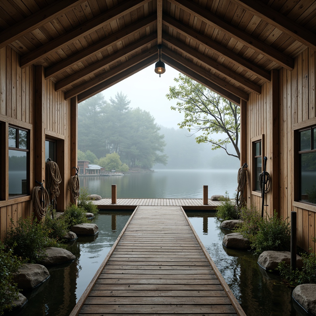 Prompt: Rustic boathouse, wooden docks, nautical ropes, vintage anchors, aquatic plants, misty lakeside, serene atmosphere, warm beige tones, earthy brown hues, soft blues, calming whites, weathered wood textures, natural stone foundations, cozy interior lighting, 3/4 composition, shallow depth of field, realistic reflections, ambient occlusion.