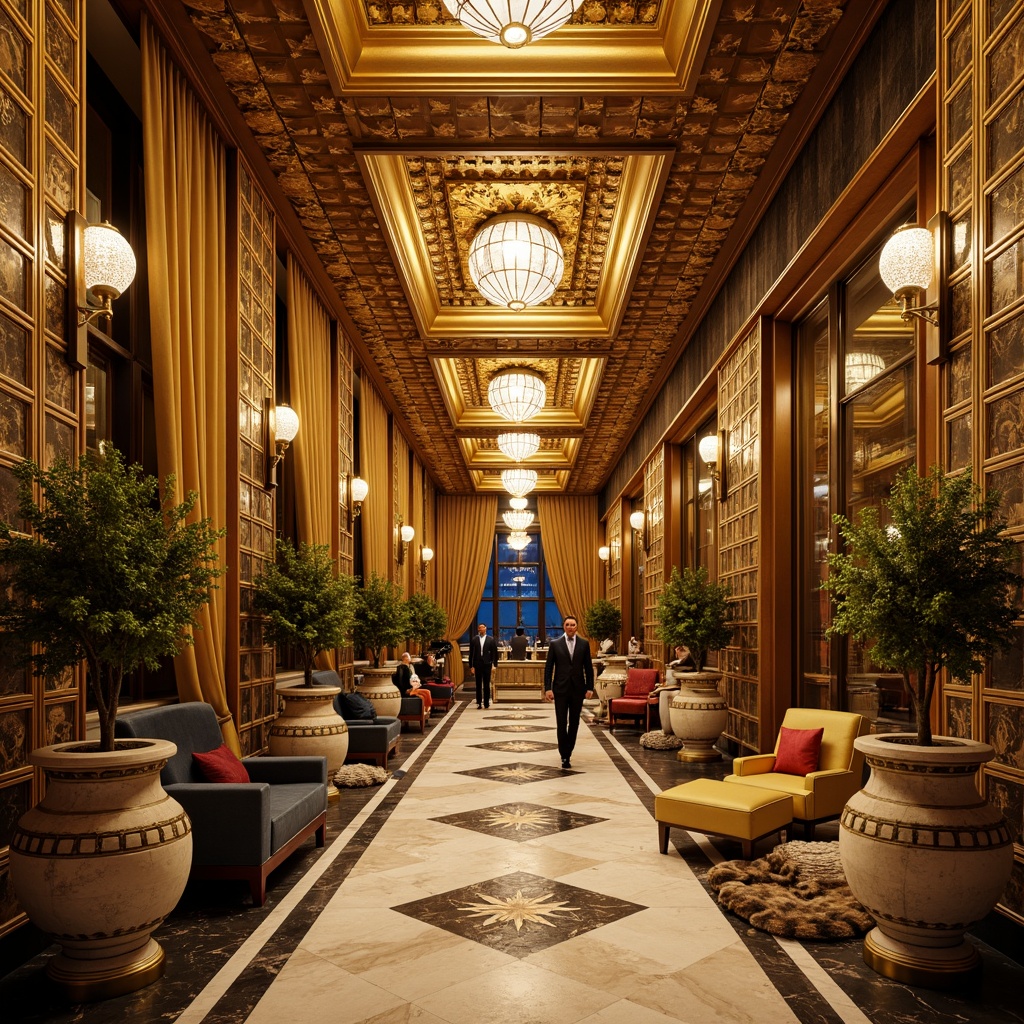 Prompt: Luxurious Art Deco palace, opulent golden accents, intricate geometric patterns, ornate metalwork, lavish marble floors, ornamental vases, stylized floral motifs, glamorous chandeliers, luxurious velvet drapes, bold geometric shapes, metallic materials, sunburst designs, zigzag patterns, stepped silhouettes, vintage luxury, sophisticated ambiance, warm soft lighting, cinematic composition, dramatic shadows, high contrast ratio.