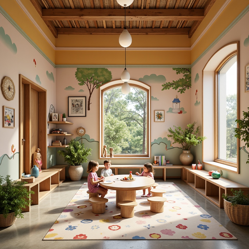 Prompt: Vibrant kindergarten interior, traditional Asian-inspired architecture, colorful ceramic tiles, natural wood accents, woven bamboo textures, soft pastel hues, gentle curved lines, whimsical wall murals, playful 3D decorations, educational displays, interactive learning tools, cozy reading nooks, warm ambient lighting, shallow depth of field, 1/1 composition, realistic reflections, subtle Asian-patterned rugs.