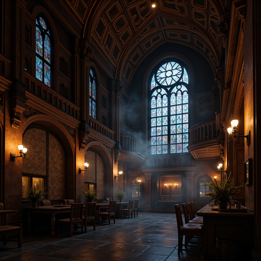 Prompt: Intricate gothic arches, ribbed vaulted ceilings, grandiose chandeliers, ornate wooden paneling, mystical stained glass windows, lavish velvet drapes, mysterious alcoves, ancient tapestries, rustic stone walls, dimly lit corridors, atmospheric fog effect, dramatic spot lighting, 1/2 composition, low-angle shot, cinematic mood, rich textures, subtle ambient occlusion.