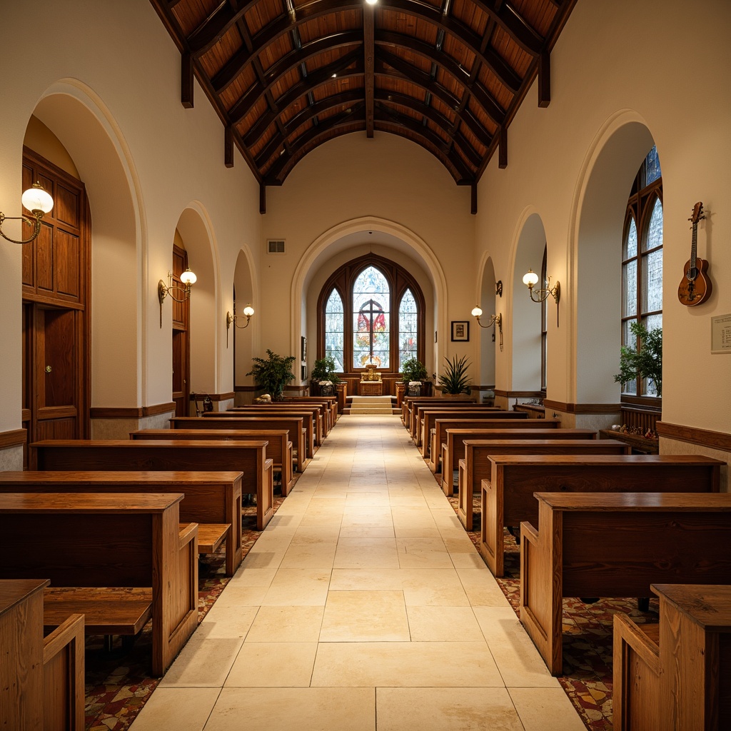 Prompt: Rustic wooden pews, warm beige stone flooring, elegant cream-colored carpets, polished dark wood accents, refined metal fixtures, soft warm lighting, subtle texture variations, traditional Christian symbols, stained glass windows, vaulted ceilings, grand entranceways, serene atmosphere, natural material blend, earthy tone palette, sophisticated minimalism, refined elegance, 1/2 composition, soft focus, ambient occlusion.