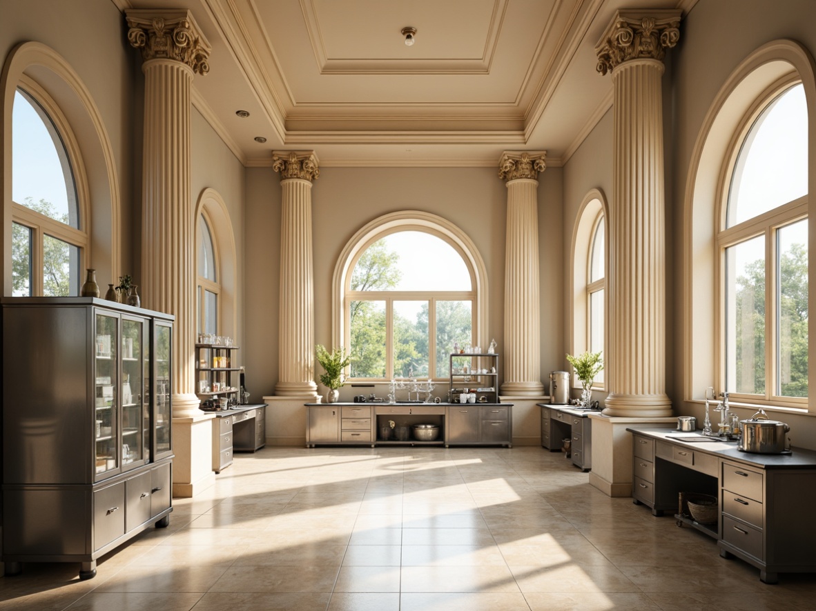 Prompt: Elegant laboratory interior, grand neoclassical columns, ornate capitals, polished marble flooring, sleek laboratory equipment, metallic workbenches, glass beakers, precision instruments, soft natural lighting, warm beige tones, classic architectural details, symmetrical composition, shallow depth of field, 1/1 aspect ratio, realistic textures, ambient occlusion.