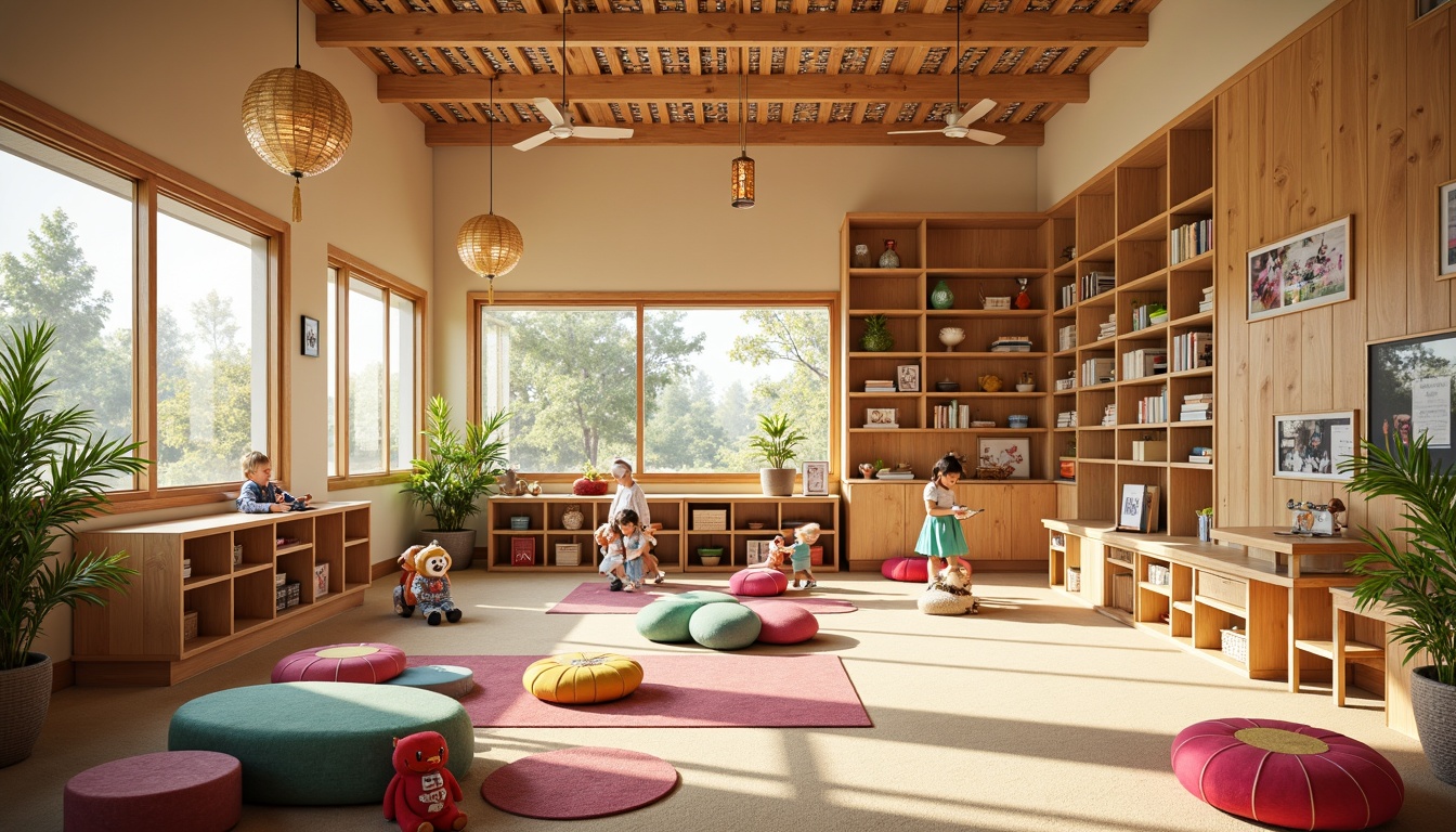 Prompt: Vibrant kindergarten interior, natural wood tones, woven bamboo accents, colorful textiles, playful furniture shapes, rounded edges, soft cushions, educational toys, interactive playsets, Asian-inspired motifs, cherry blossom patterns, traditional lanterns, warm beige walls, large windows, abundant natural light, cozy reading nooks, collaborative workspaces, ergonomic chairs, stimulating color schemes, whimsical decor, gentle curves, functional storage solutions, minimalist shelving units, soft area rugs, calming ambiance, shallow depth of field, 1/2 composition, realistic textures.