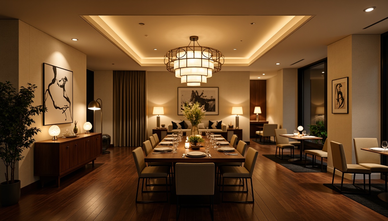 Prompt: Modern dining room, sleek furniture, minimalist decor, ambient warm lighting, table lamps, floor lamps, pendant lights, LED strips, indirect illumination, soft shadows, cream-colored walls, dark wood flooring, elegant chandeliers, frosted glass shades, geometric patterns, metallic accents, cozy atmosphere, intimate gathering space, daylight simulation, 1/1 composition, shallow depth of field, realistic textures.