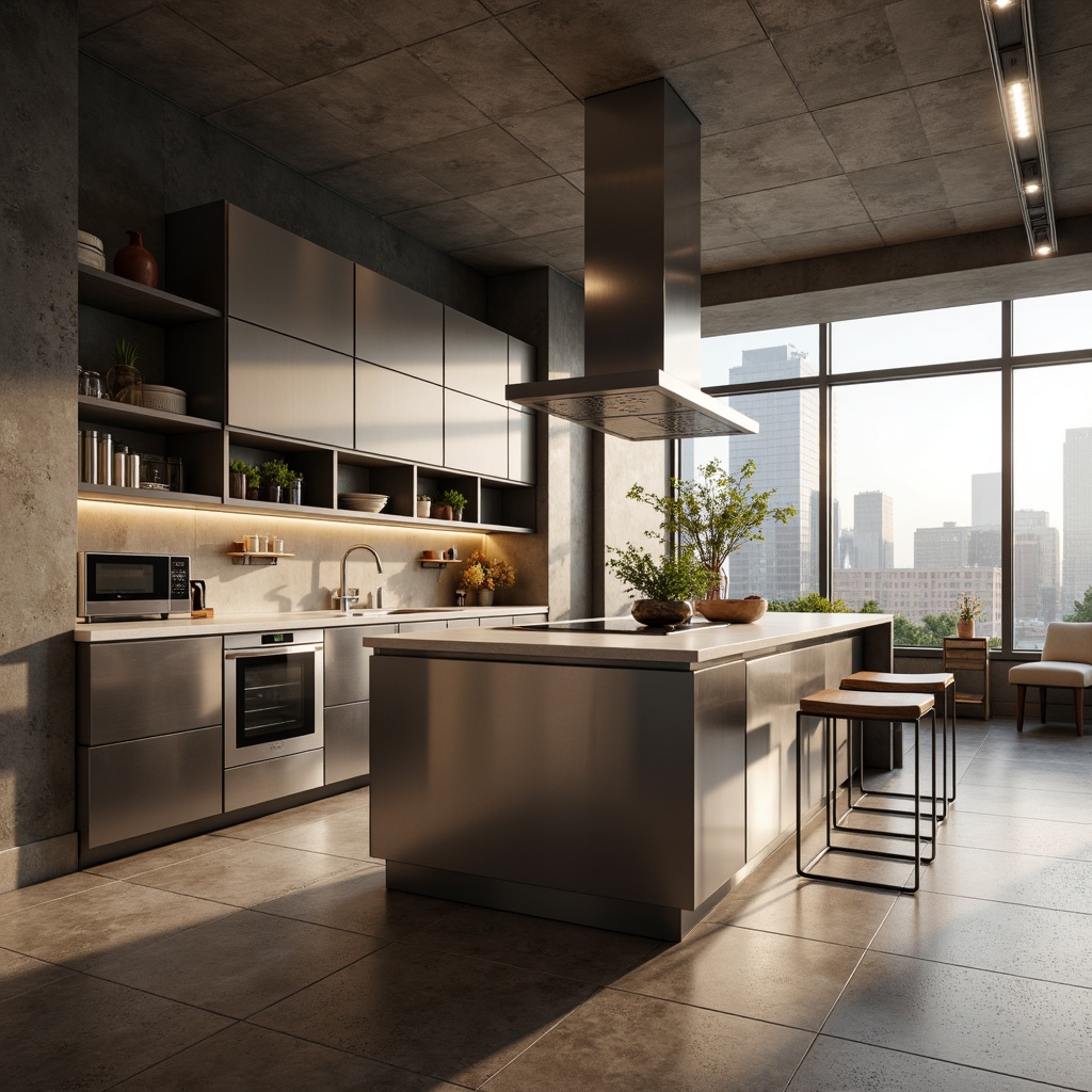 Prompt: Modern kitchen island, sleek countertops, high-gloss cabinetry, stainless steel appliances, induction cooktop, wall-mounted range hood, built-in microwave, integrated refrigerator, under-cabinet lighting, polished chrome fixtures, minimalist backsplash, open shelving, industrial-style pendant lights, warm neutral color palette, natural stone flooring, large windows, urban cityscape views, morning soft light, shallow depth of field, 2/3 composition, cinematic atmosphere.