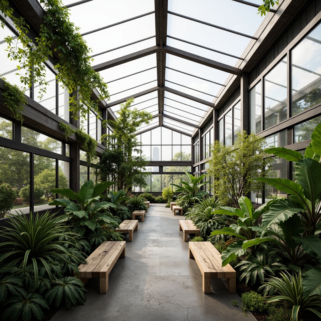 Prompt: Minimalist greenhouse, industrial metal frames, transparent glass walls, lush greenery, vibrant tropical plants, reclaimed wood accents, natural stone flooring, rough-hewn wooden benches, soft diffused lighting, misty atmosphere, shallow depth of field, 1/1 composition, realistic textures, ambient occlusion, subtle color palette, earthy tones, organic shapes, sustainable materials, eco-friendly design, serene ambiance, warm sunny day.