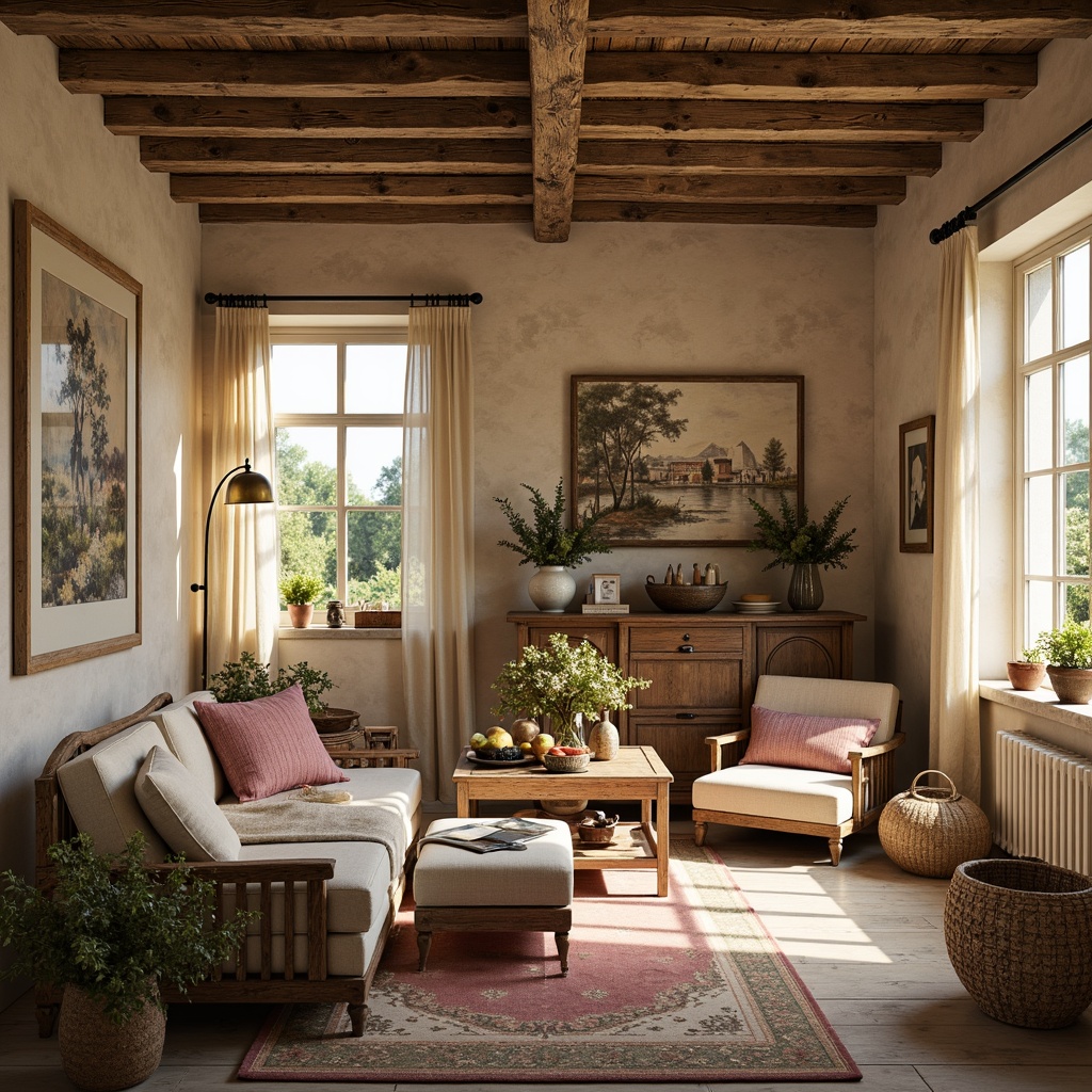 Prompt: Rustic French country cottage, distressed wood accents, soft golden lighting, vintage furniture, elegant tapestries, linen upholstery, natural fabrics, earthy tones, subtle florals, woven baskets, ceramic vases, traditional Toile de Jouy prints, classic stripes, gentle plaids, luxurious velvet, antique lace trim, ornate metallic threads, sun-drenched meadows, lavender fields, weathered stone walls, aged wooden beams, warm beige colors, soft pink hues, muted greenery, delicate lace curtains, romantic ambiance.