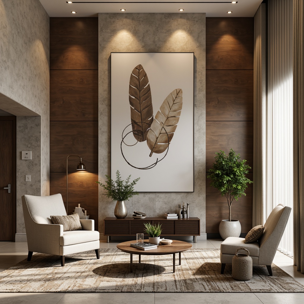 Prompt: Neutral-toned walls, textured finishes, modern paneling, eclectic furniture, mixed metallic accents, earthy tones, natural textiles, oversized artwork, geometric patterns, abstract shapes, warm ambient lighting, 1/1 composition, shallow depth of field, soft focus, realistic textures, atmospheric perspective.