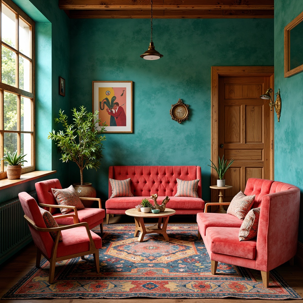 Prompt: Vibrant eclectic interior, rich turquoise walls, bold coral accents, distressed wooden furniture, plush velvet upholstery, Moroccan-inspired tiles, colorful kilim rugs, antique brass fixtures, lush greenery, natural light pouring through large windows, warm golden lighting, 1/1 composition, shallow depth of field, soft focus, realistic textures.