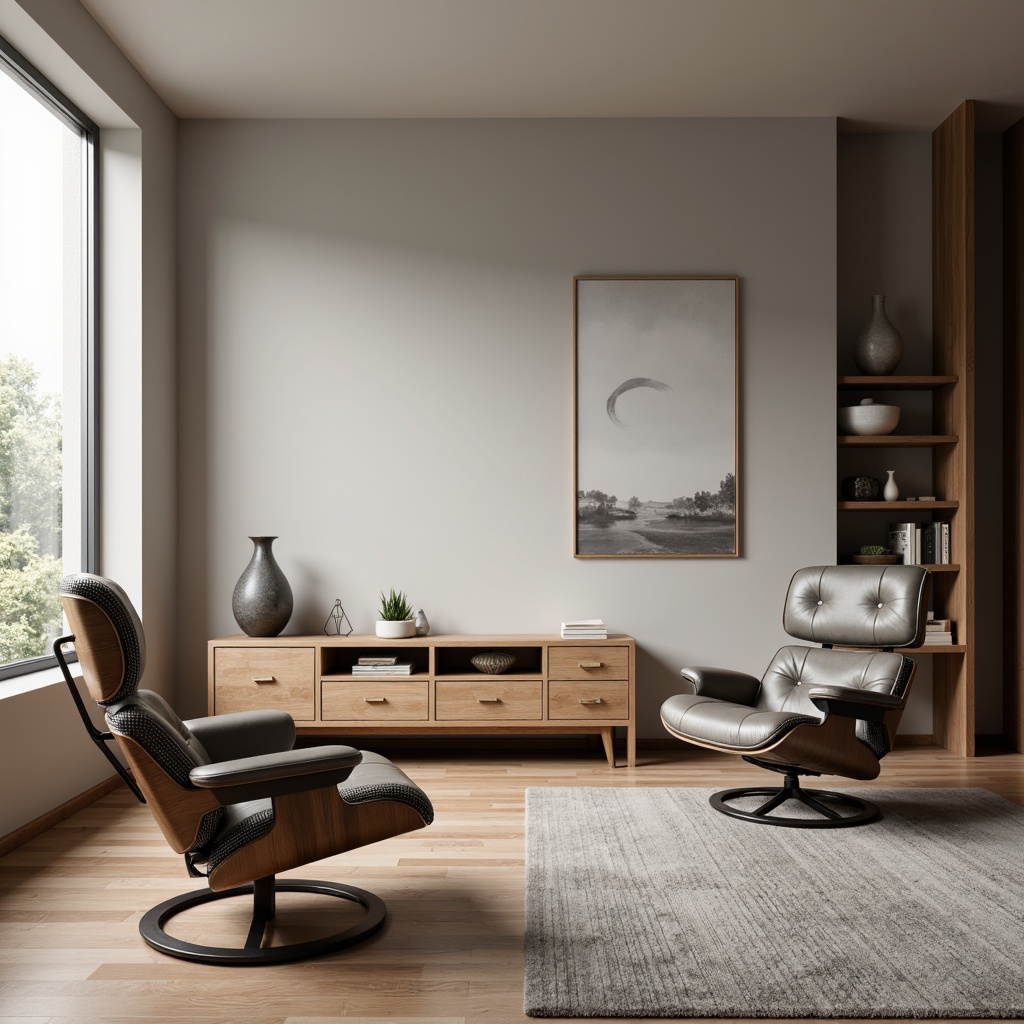 Prompt: Modern minimalist living room, sleek low-profile furniture, ergonomic chair designs, adjustable headrests, breathable mesh upholstery, rich wood grain accents, metallic leg finishes, hidden storage compartments, smart home integration, ambient soft lighting, 1/1 composition, shallow depth of field, realistic textures, subtle shadowing.