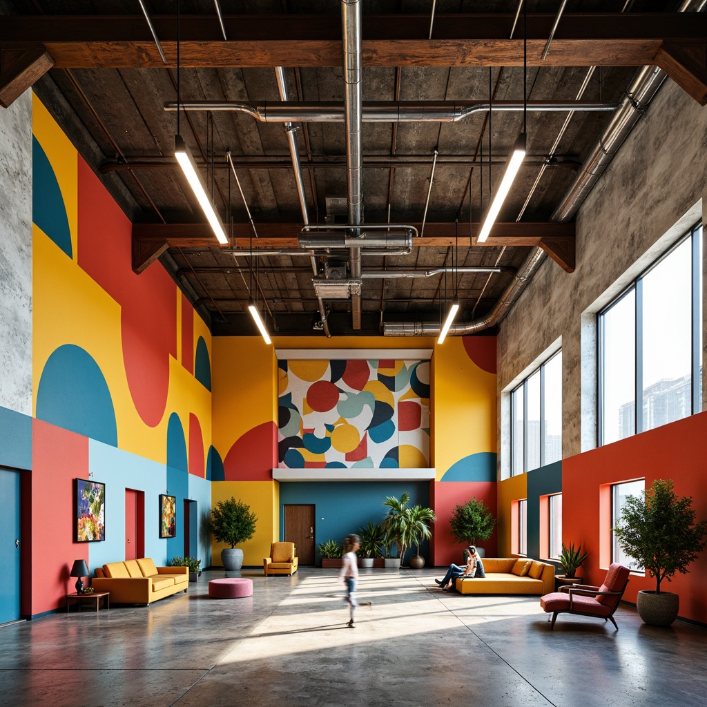 Prompt: Vibrant gymnasium interior, postmodernist architecture, bold color blocking, geometric patterned walls, textured concrete floors, metallic accents, industrial-style lighting fixtures, exposed ductwork, reclaimed wood beams, distressed finishes, eclectic furniture arrangements, abstract artwork, dynamic spatial relationships, high-contrast lighting, dramatic shadows, 1/1 composition, wide-angle lens, realistic rendering, ambient occlusion.