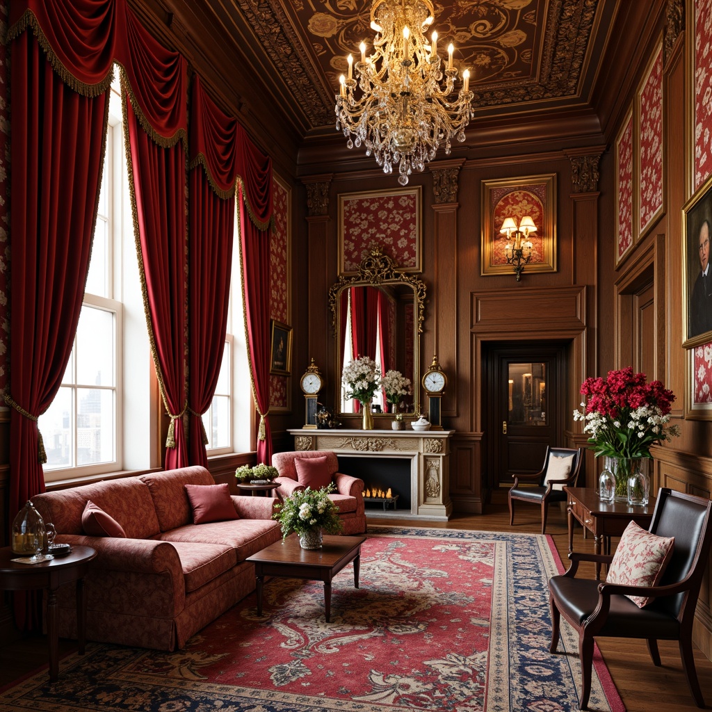 Prompt: Luxurious velvet drapes, intricately patterned damask fabrics, richly colored brocade upholstery, ornate carved wooden furniture, lavish crystal chandeliers, opulent tassel trimmings, warm golden lighting, densely woven Axminster rugs, heavily embroidered silks, distressed leather armchairs, majestic floor-to-ceiling curtains, regal red and gold color scheme, classical ornate mirrors, stately grandfather clocks, soft candlelight illumination, 1/1 composition, realistic fabric textures, ambient occlusion.