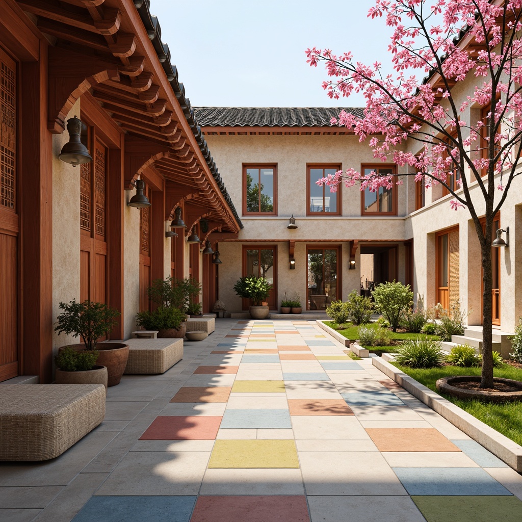 Prompt: Vibrant kindergarten courtyard, traditional Asian-inspired architecture, ornate wooden doors, intricate carvings, colorful ceramic tiles, natural stone walls, woven bamboo accents, soft pastel hues, gentle warm lighting, shallow depth of field, 1/1 composition, harmonious balance of elements, textured wall finishes, rice paper-like materials, subtle gradient effects, blooming cherry blossoms, serene atmosphere, playful kid-friendly decorations.