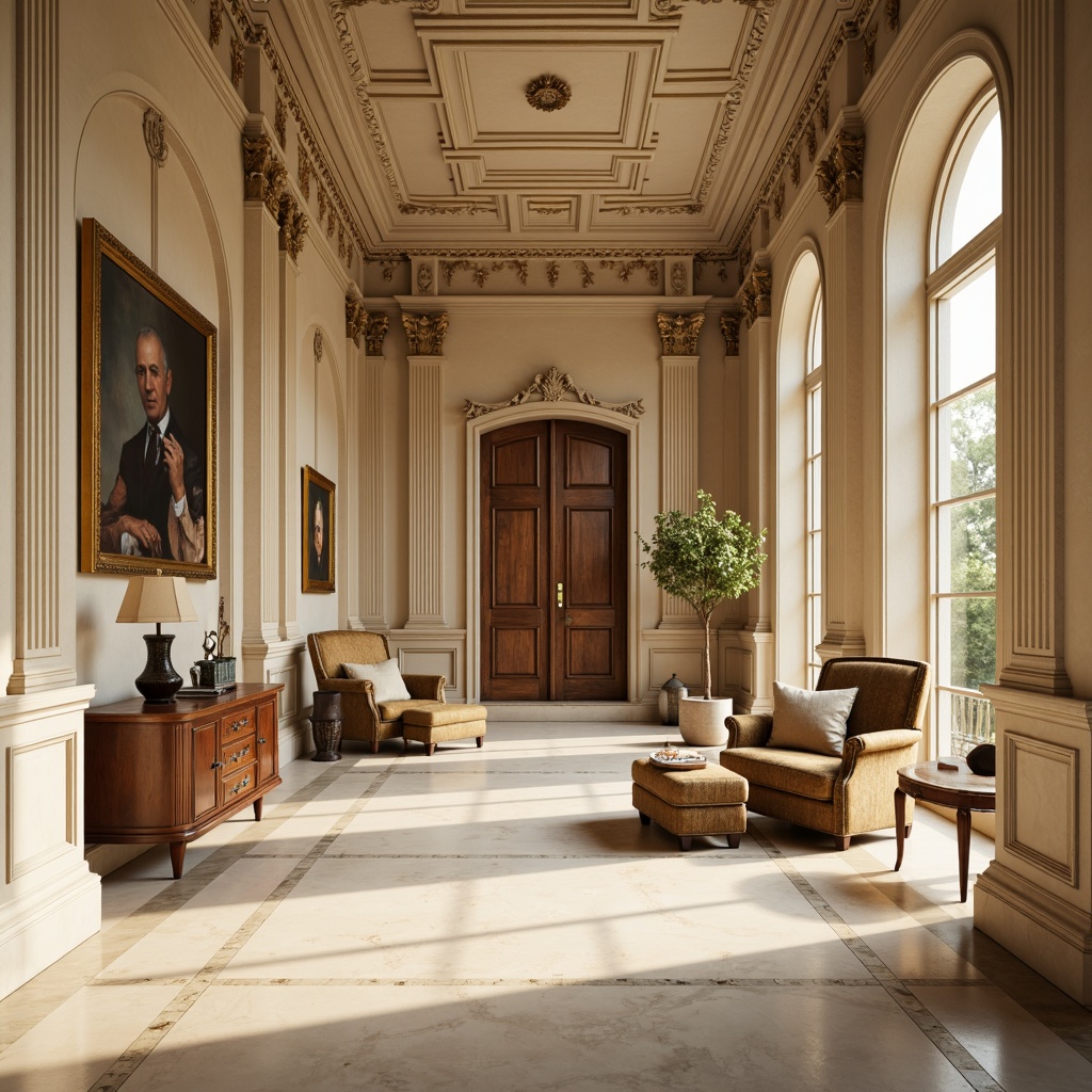 Prompt: Elegant neoclassical interior, cream marble floors, ornate moldings, gilded accents, soft beige walls, rich walnut furniture, velvet upholstery, luxurious fabrics, subtle patterns, warm golden lighting, dramatic shadows, 3/4 composition, symmetrical arrangement, realistic textures, ambient occlusion.