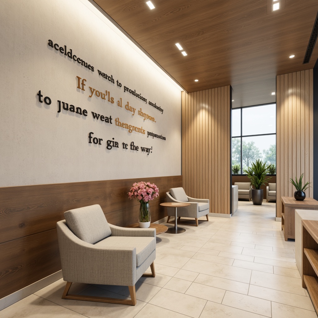 Prompt: Academic clinic interior, neutral color palette, soft natural lighting, wooden accents, minimalist decor, motivational quotes, geometric patterns, 3D wall art, abstract sculptures, modern furniture, sleek metal frames, comfortable waiting areas, private consultation rooms, sound-absorbing panels, calm ambiance, warm beige tones, subtle textures, shallow depth of field, 1/1 composition, realistic renderings.