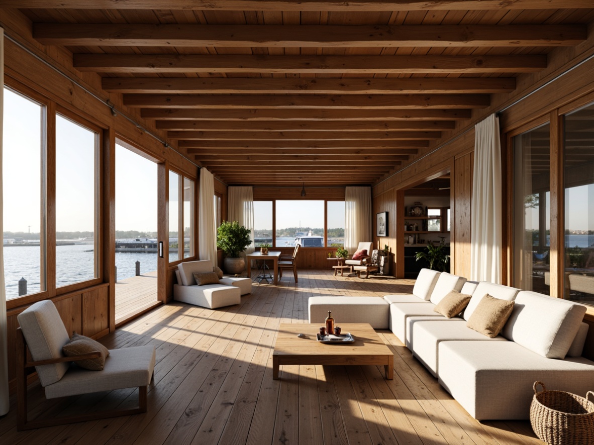 Prompt: Waterfront location, wooden dock, rustic boathouse, expansive windows, sliding glass doors, open floor plan, high ceilings, natural wood accents, minimal obstruction, reflective surfaces, sheer curtains, warm beige tones, nautical decor, vintage marine elements, cozy reading nooks, soft warm lighting, 1/1 composition, shallow depth of field, realistic textures, ambient occlusion.