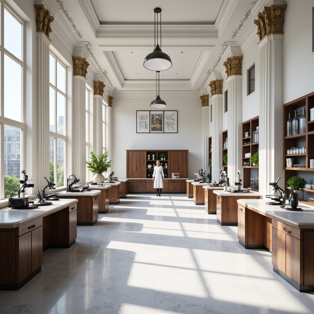 Prompt: \Elegant laboratory interior, neoclassical columns, ornate capitals, white marble floors, wooden workbenches, metal equipment, futuristic microscopes, sleek glassware, modern lighting fixtures, minimalist shelving units, neutral color palette, high ceilings, large windows, natural light, soft shadows, shallow depth of field, 1/1 composition, realistic textures, ambient occlusion.\