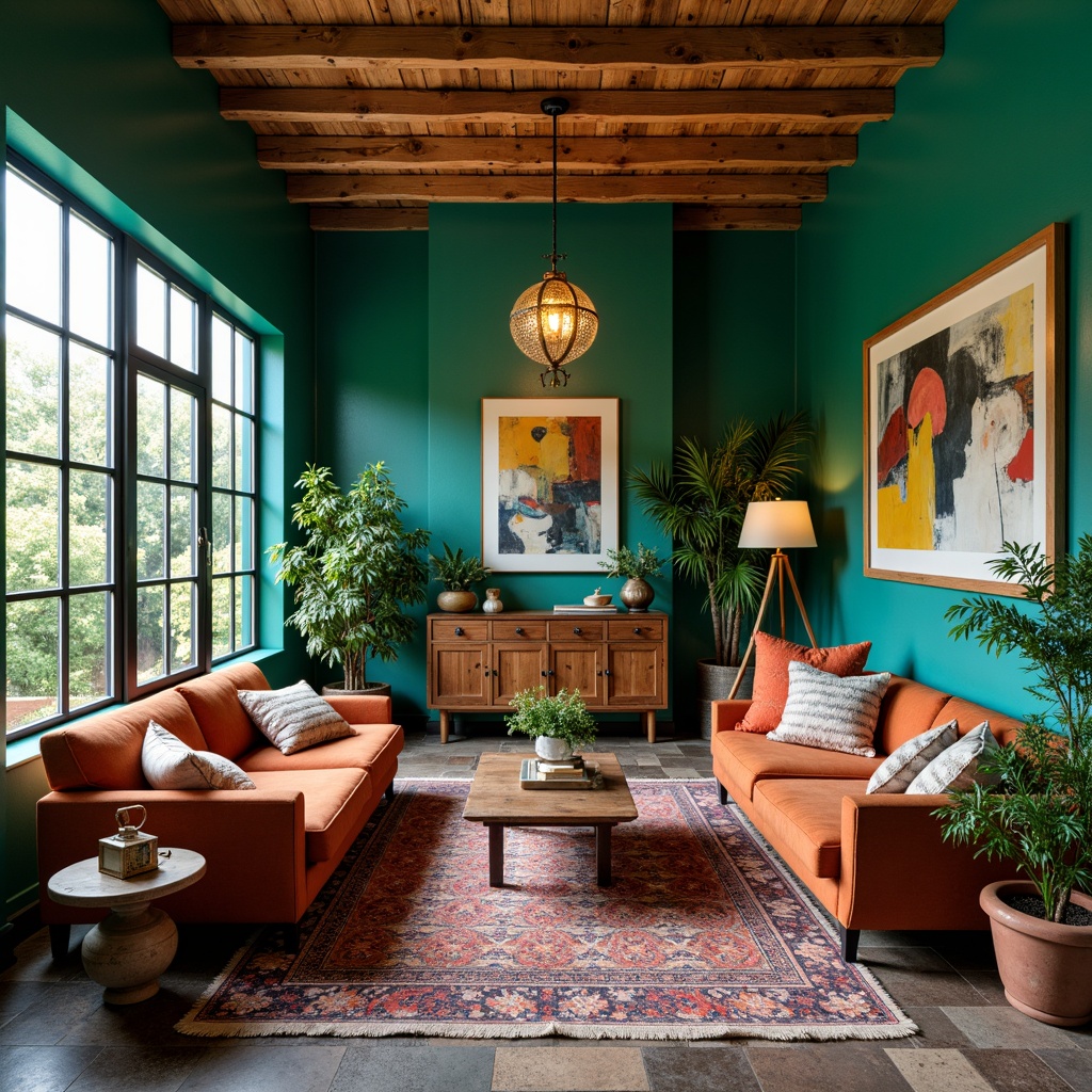 Prompt: Vibrant eclectic interior, bold turquoise accents, rich emerald green walls, warm golden lighting, distressed wood furniture, plush velvet sofas, antique brass fixtures, Moroccan-inspired tiles, vintage rugs, eclectic artwork, abstract patterns, bohemian textiles, lush greenery, natural stone floors, rustic wooden beams, warm cozy atmosphere, soft focus, shallow depth of field, 1/1 composition, warm color grading.