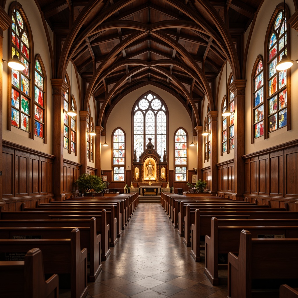 Prompt: Elegant church interior, vaulted ceilings, stunning stained glass windows, warm wooden pews, ornate altar, subtle ambient lighting, soft warm glow, pendant lights, chandeliers, sconces, LED candles, gentle color temperature, 2700K-3000K lighting, vertical illumination, dramatic highlights, subtle shadows, realistic textures, ambient occlusion.