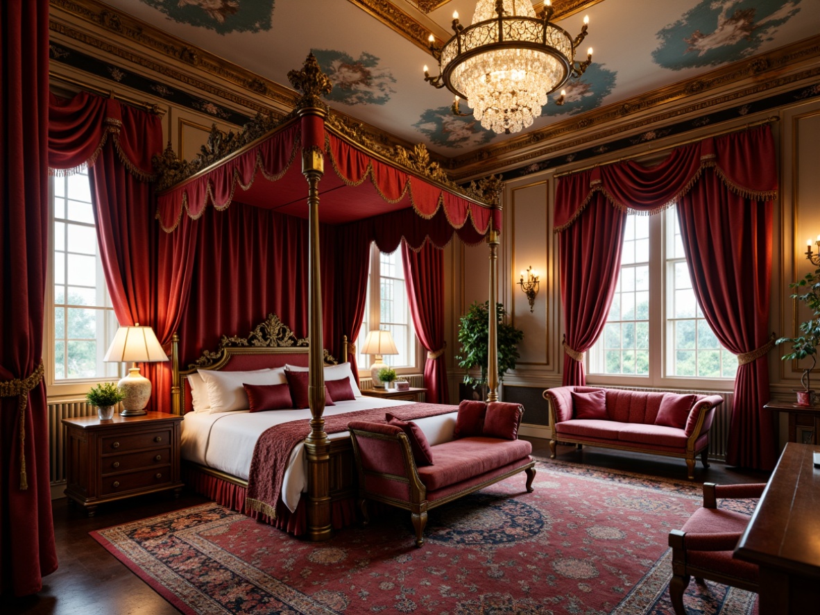 Prompt: Luxurious bedroom, rich velvet fabrics, ornate gold accents, intricately carved wooden furniture, grandiose chandeliers, crystal droplets, plush area rugs, majestic four-poster beds, lavish drapery, heavy brocade curtains, gilded mirrors, frescoed ceilings, soft warm lighting, shallow depth of field, 1/1 composition, romantic atmosphere, intimate setting.