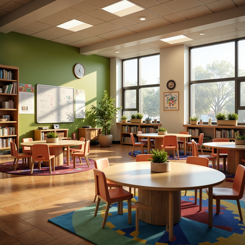 Prompt: Colorful elementary school classroom, circular tables, ergonomic chairs, interactive whiteboards, educational posters, wooden shelves, playful rug patterns, soft warm lighting, cozy reading nooks, flexible seating arrangements, collaborative workspaces, green walls, natural materials, minimalist decor, abundant natural light, shallow depth of field, 3/4 composition, realistic textures, ambient occlusion.