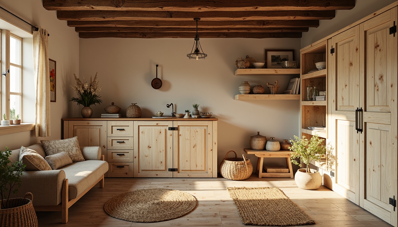 Prompt: Rustic storage room, distressed wood accents, soft creamy whites, warm beige tones, earthy terracotta hues, vintage metal hardware, woven wicker baskets, natural jute rugs, soft golden lighting, cozy ambiance, 1/1 composition, intimate scale, realistic textures, subtle shadowing.