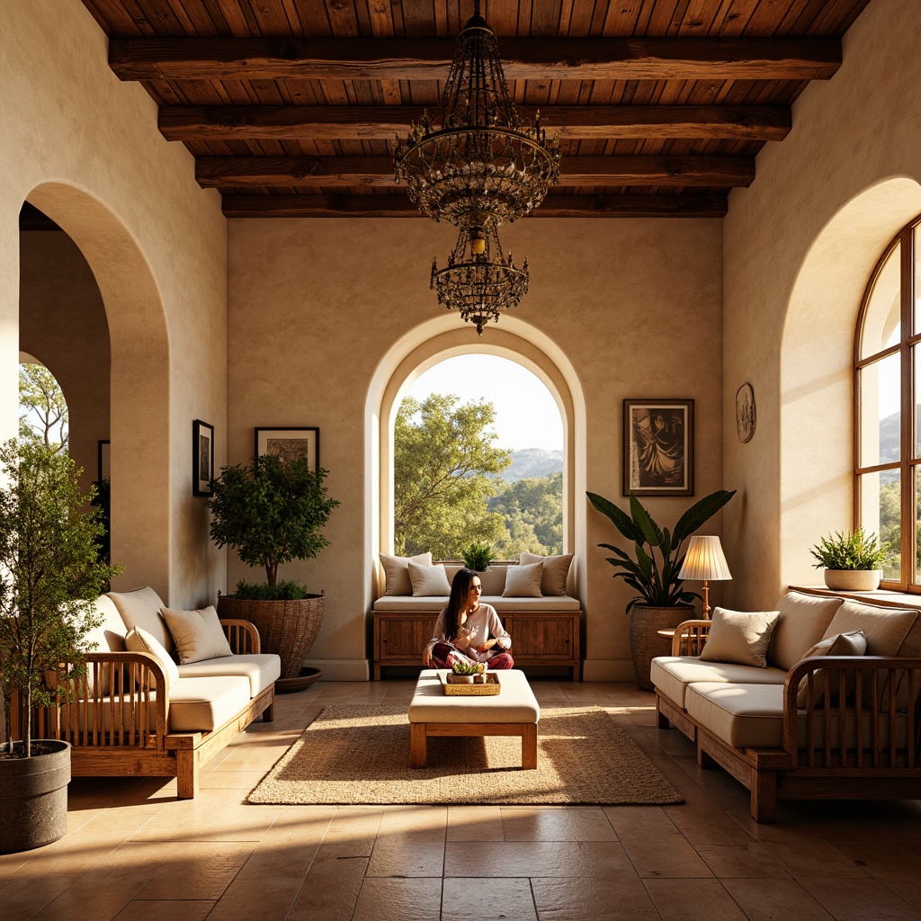 Prompt: Warm Mediterranean interior, soft golden lighting, rustic wooden beams, ornate metal chandeliers, creamy stone walls, distressed wood furniture, plush velvet upholstery, warm earthy tones, natural textiles, woven baskets, vintage decorative accents, intricate tile patterns, cozy nooks, ambient shadowing, 1/1 composition, softbox lighting, realistic reflections, warm color grading.