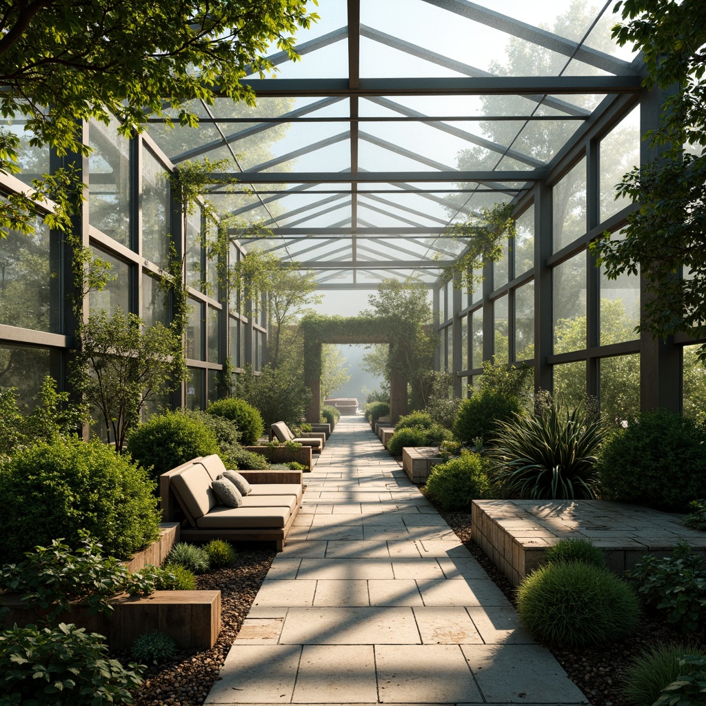 Prompt: Minimalist greenhouse, sleek metal frames, transparent glass walls, lush greenery, thriving plants, natural stone floors, reclaimed wood accents, industrial chic decor, abundant natural light, soft warm ambiance, shallow depth of field, 1/1 composition, panoramic view, realistic textures, ambient occlusion, misty morning atmosphere, subtle shadows, delicate leaf details.