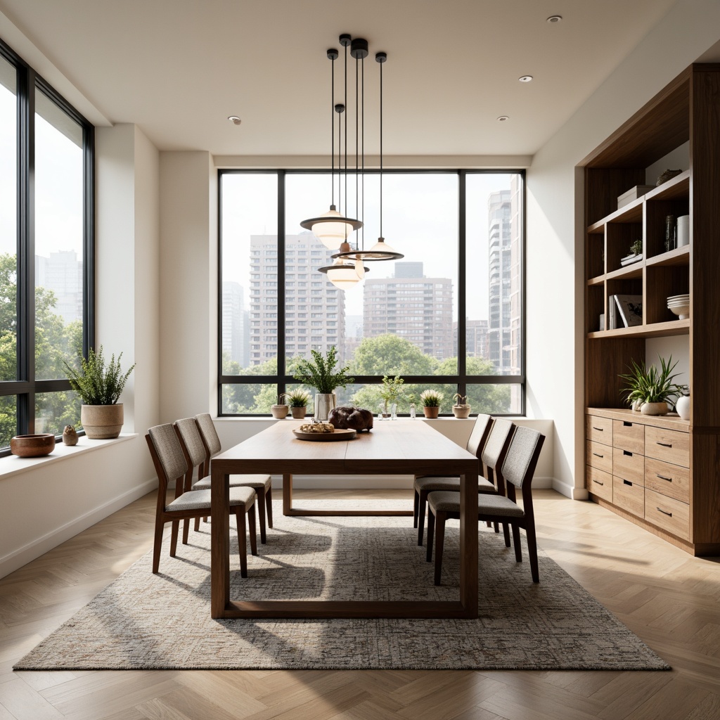 Prompt: Modern dining room, sleek wooden table, minimalist chairs, elegant chandelier, cream-colored walls, large windows, natural light, urban cityscape view, trendy pendant lights, geometric-patterned rug, monochromatic color scheme, Scandinavian-inspired design, functional shelving units, decorative vases, artificial plants, ambient warm lighting, shallow depth of field, 2/3 composition, realistic textures, subtle shadows.