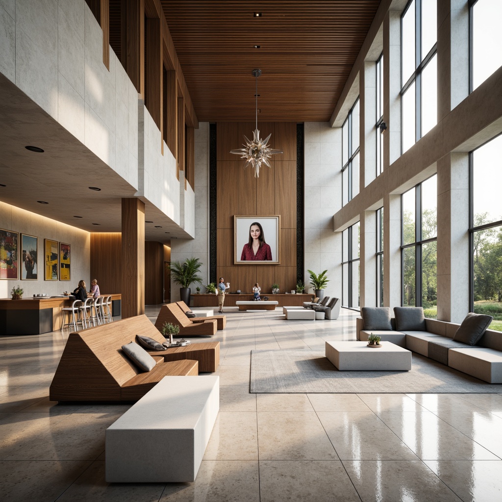 Prompt: Modern courthouse interior, sleek wooden benches, polished marble floors, minimalist lighting fixtures, neutral color palette, angular metal accents, geometric patterned rugs, contemporary artwork displays, open space layout, natural stone walls, large windows, abundant natural light, subtle ambient shadows, realistic textures, 3/4 composition, shallow depth of field, panoramic view.