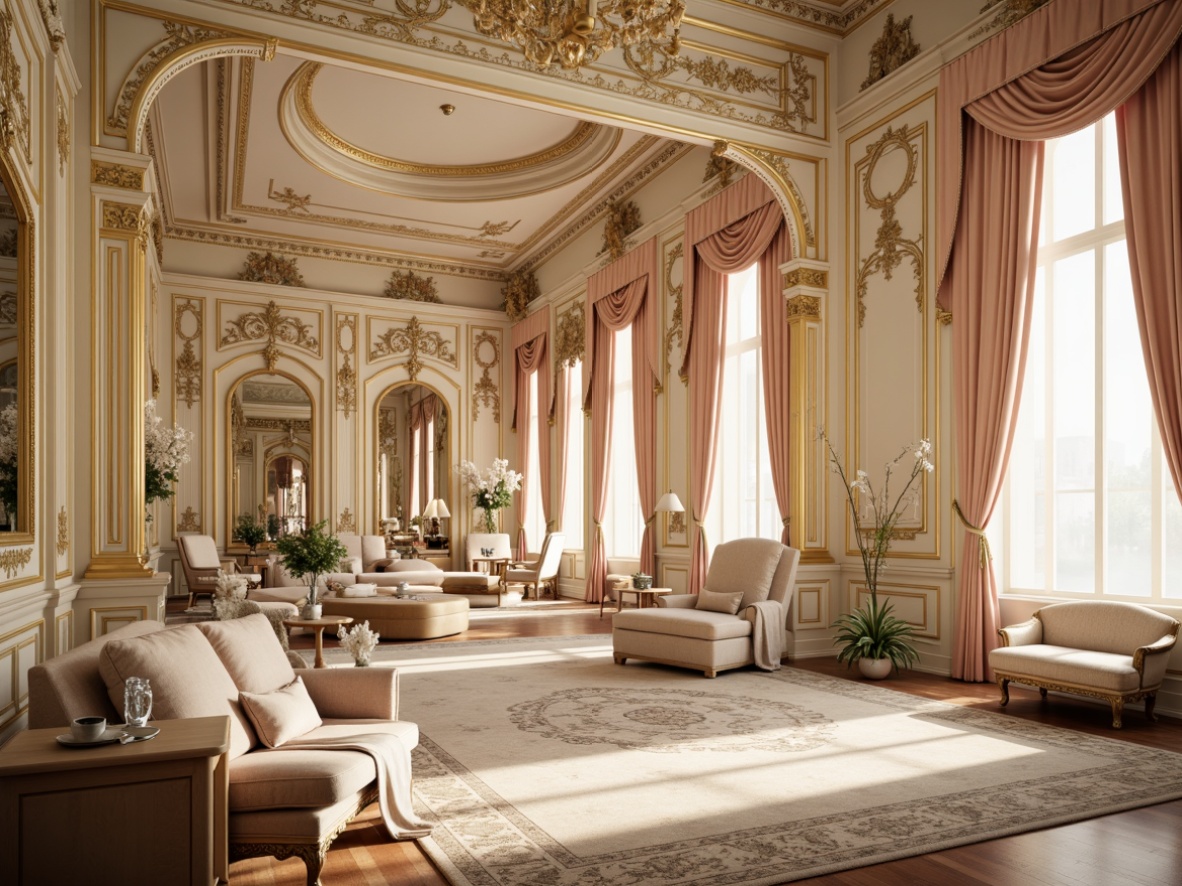 Prompt: Opulent Rococo interior, soft golden lighting, delicate cream walls, rich velvet upholstery, intricate wooden carvings, ornate mirrors, gilded frames, luxurious silk fabrics, pastel pink accents, powder blue undertones, creamy whites, warm beige tones, subtle sheen, gentle texture, 1/2 composition, atmospheric perspective, warm color harmony, elegant contrast, soft focus, shallow depth of field.